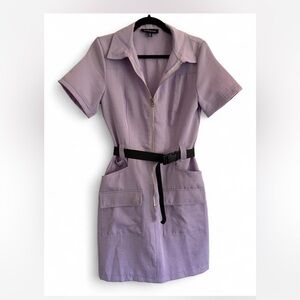 Parisian Lilac Dress with zipper, Black belt Accents and pockets